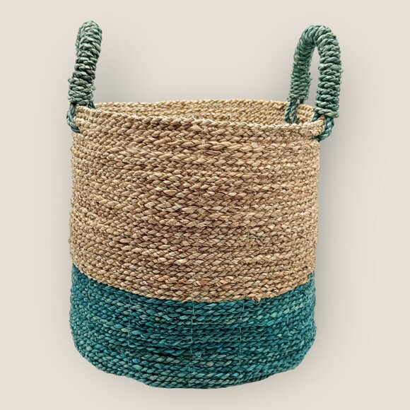 Woven Seagrass 10 in Basket With Handles Natural and Teal Two-Tone Boho Design - Picture 3 of 6